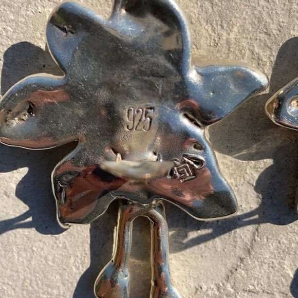 925 Vintage 925 Sterling Large statement clip abstract floral Chunky Earrings 3" - Picture 14 of 15